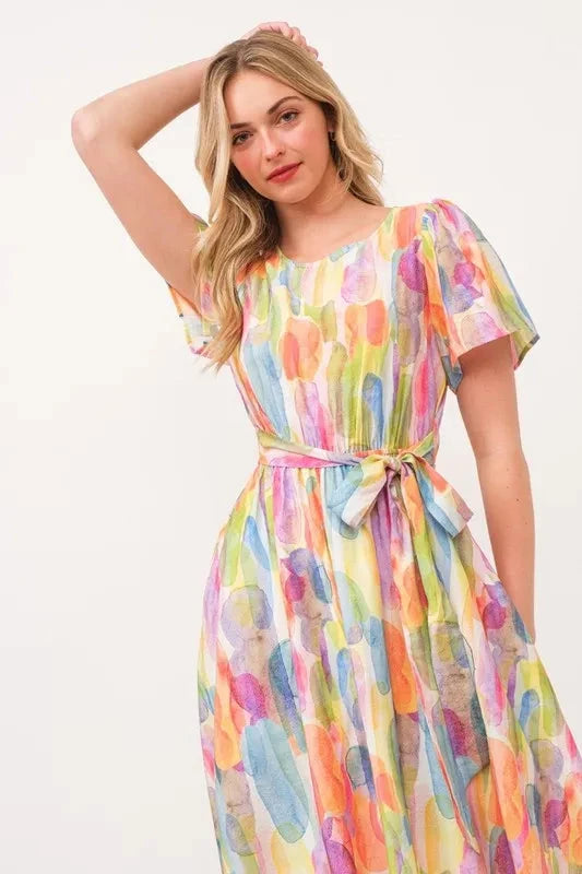 Lime 'N' Chili Watercolor Print Tie Front Midi Dress