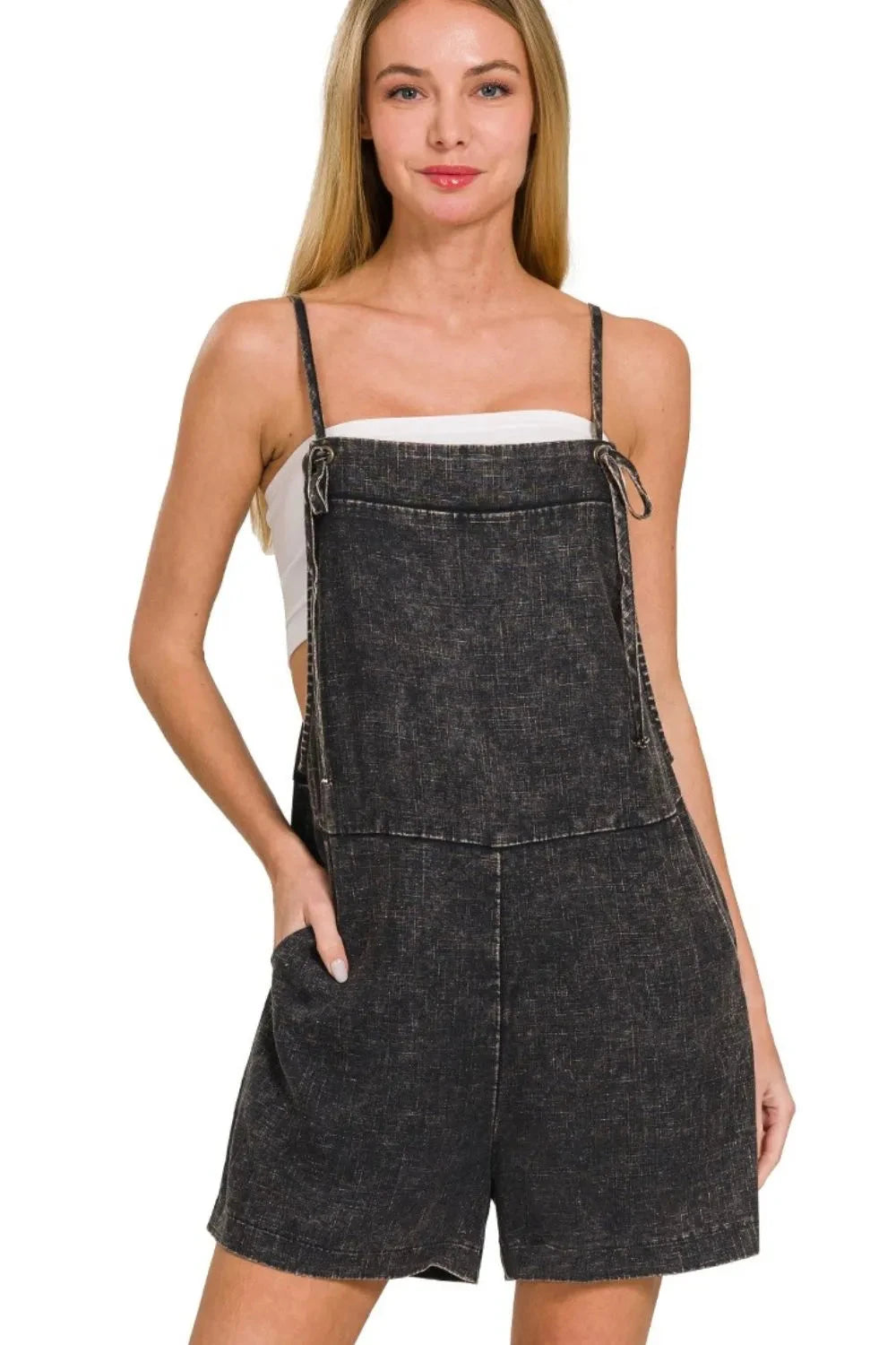 Zenana Washed Linen Knot Strap Rompers