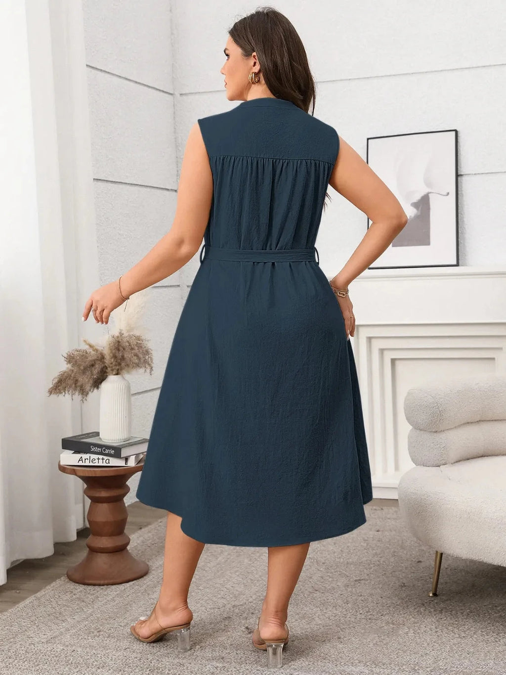 Plus Size Button Front Tie Waist Sleeveless Dress