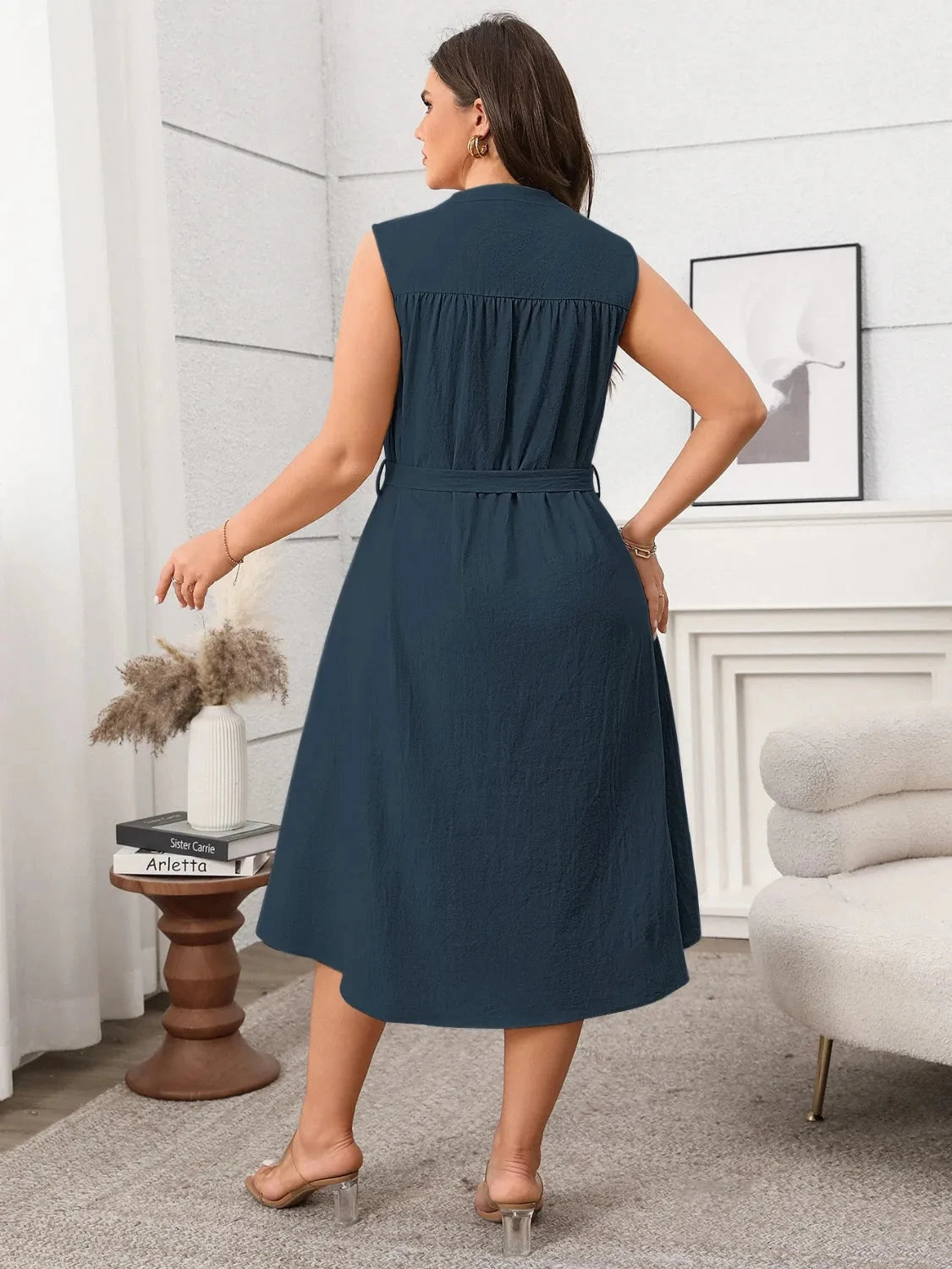 Plus Size Button Front Tie Waist Sleeveless Dress