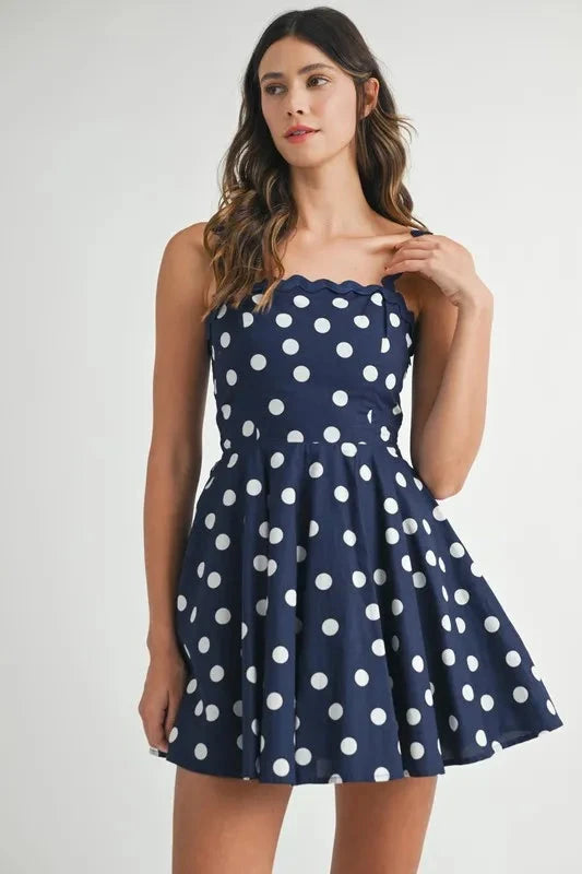 MABLE Polka Dot Mini Dress with Ricrac Trim Strap