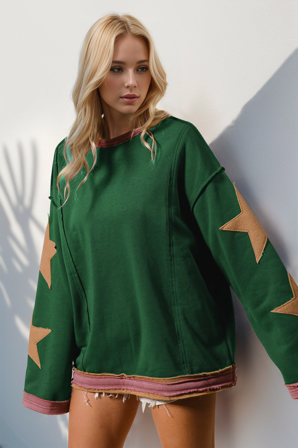 Double Take Star Patched Long Sleeve Sweatshirt - Laazaar