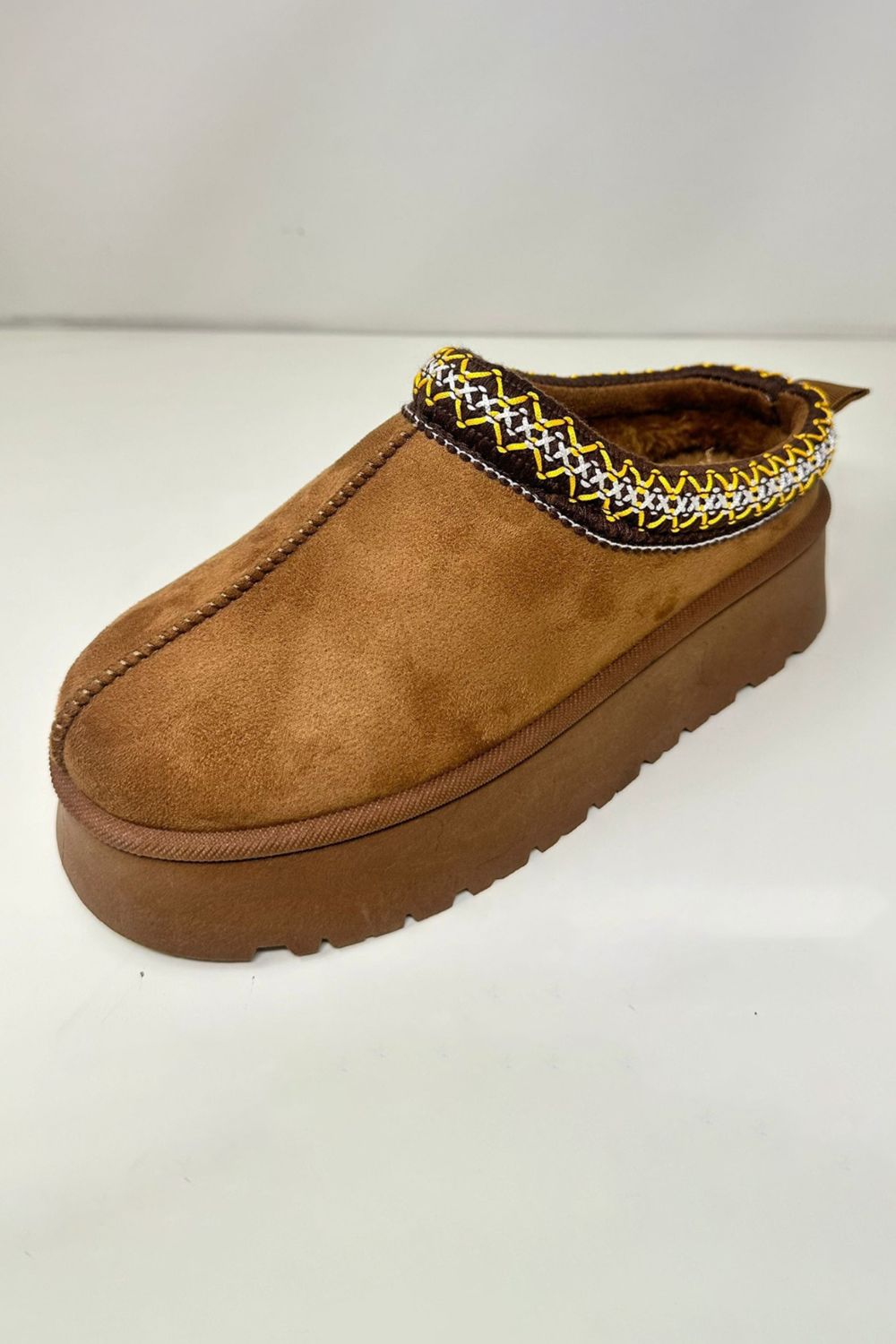 WILD DIVA Embroidered Trim Round Toe Platform Boots - Laazaar