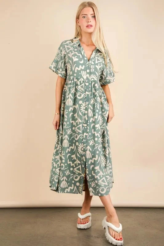 VERY J Oversized Printed Shirt Midi Dress