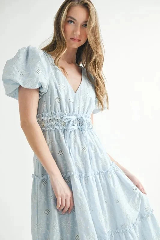 MABLE Eyelet Lace Puff Sleeve V Neck Midi Dress