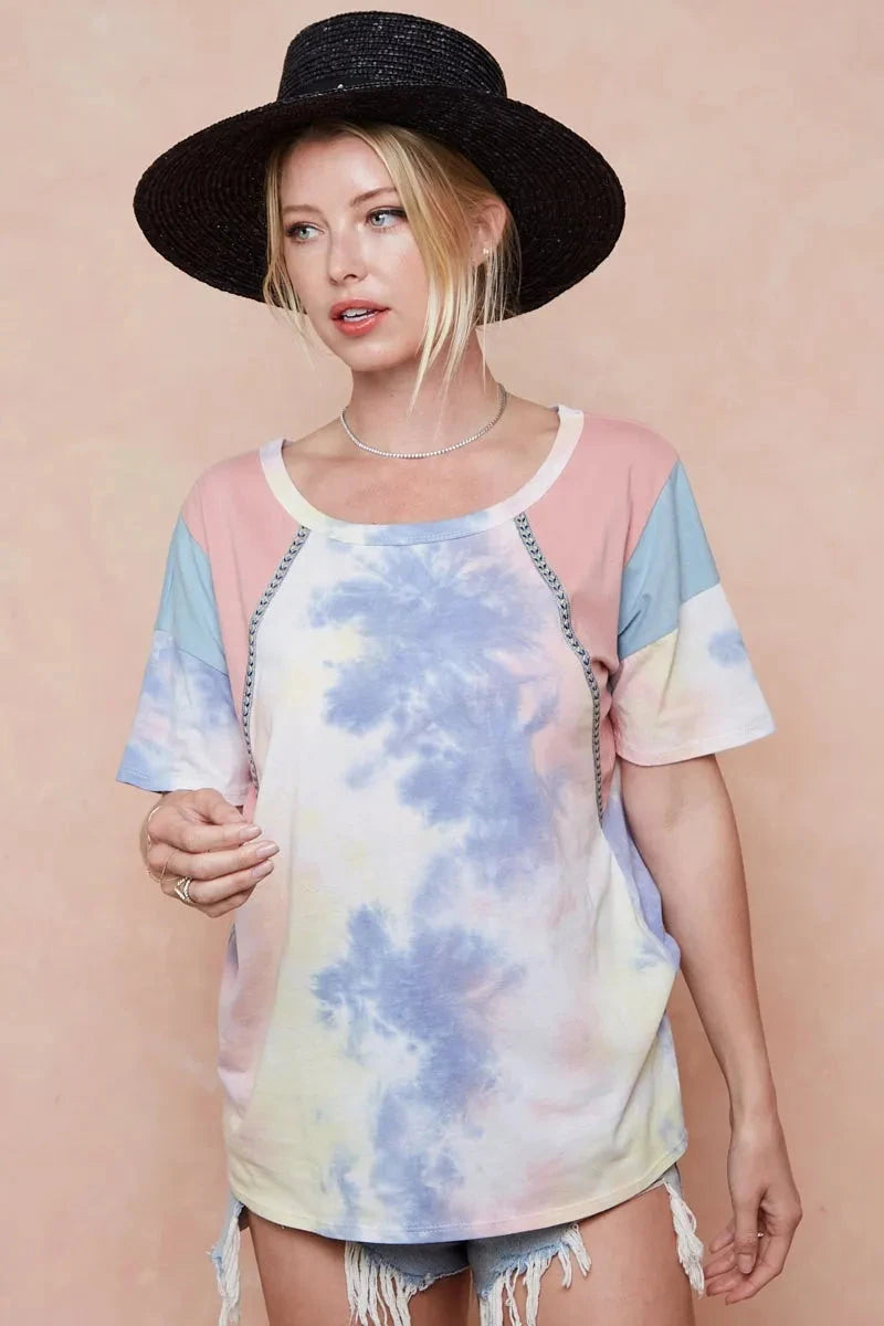BiBi Tie Dye Printed Cotton Color Block T-Shirt
