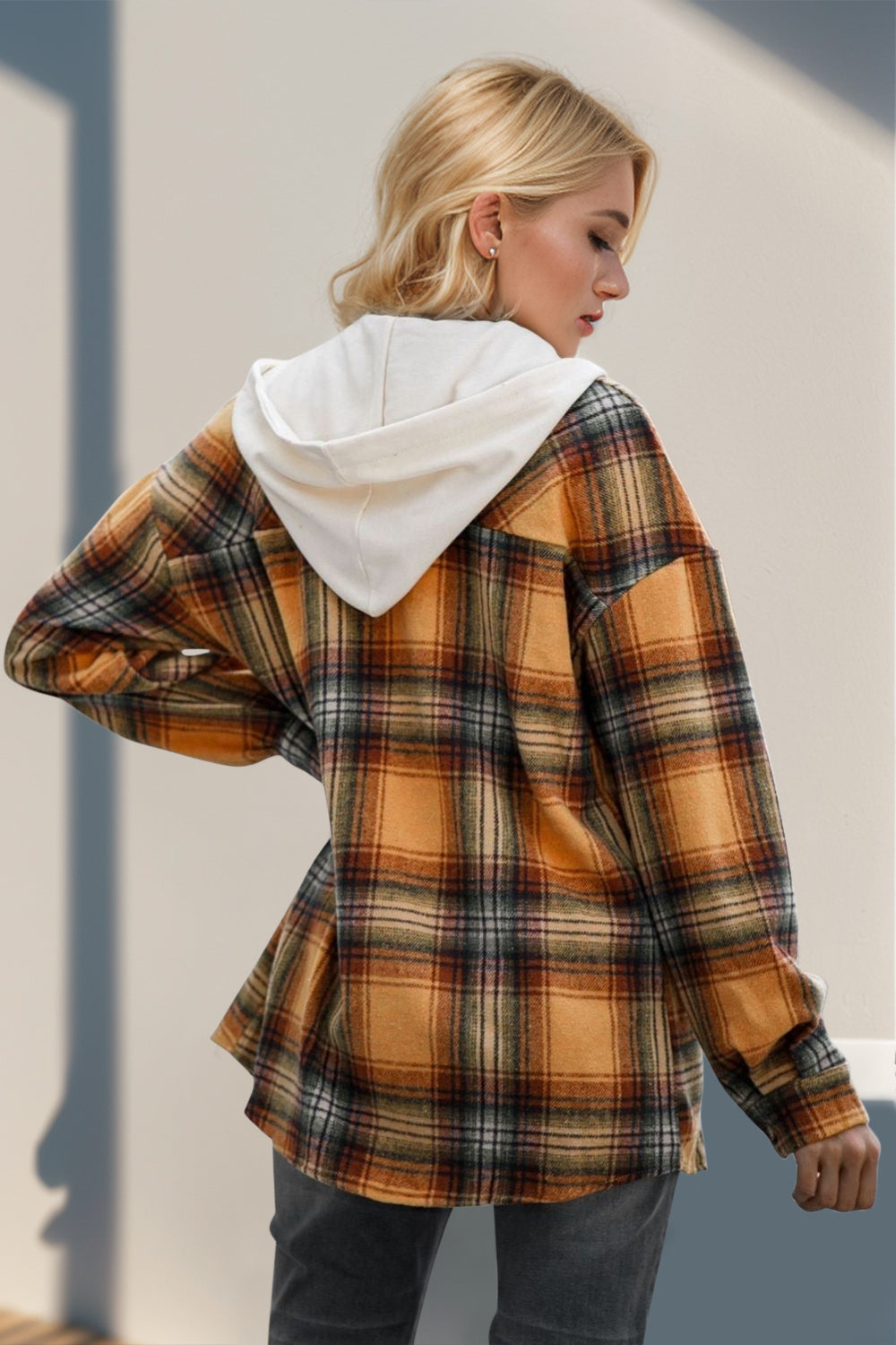 Double Take Drawstring Plaid Long Sleeve Hooded Shacket - Laazaar