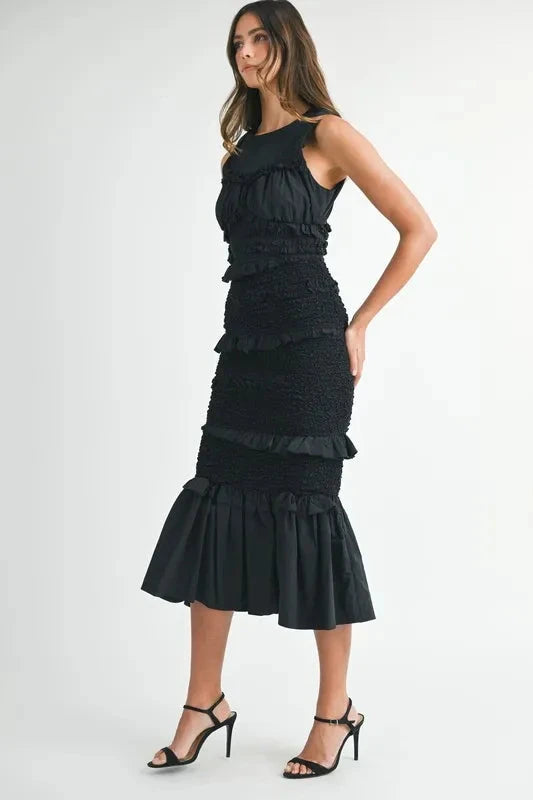 MABLE Ruffled Popcorn Smocked Mermaid Midi Dress