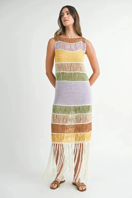 MABLE Multi Color Fringed Crochet Knit Dress