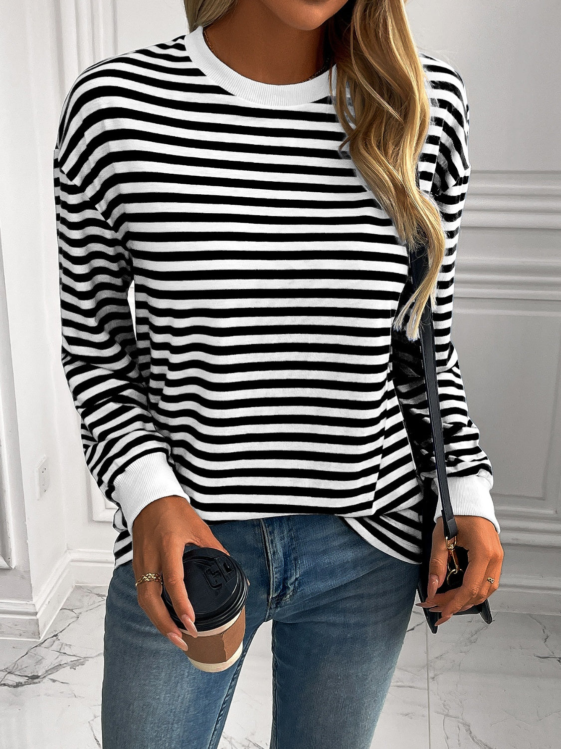 Ivy Lane Striped Round Neck Long Sleeve Sweatshirt - Laazaar
