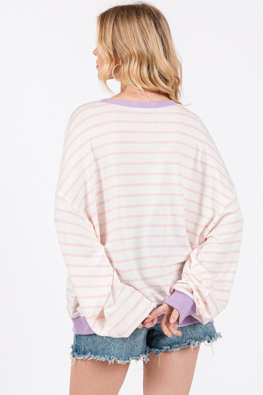 Ces Femme Striped Round Neck Drop Shoulder Sweatshirt - Laazaar