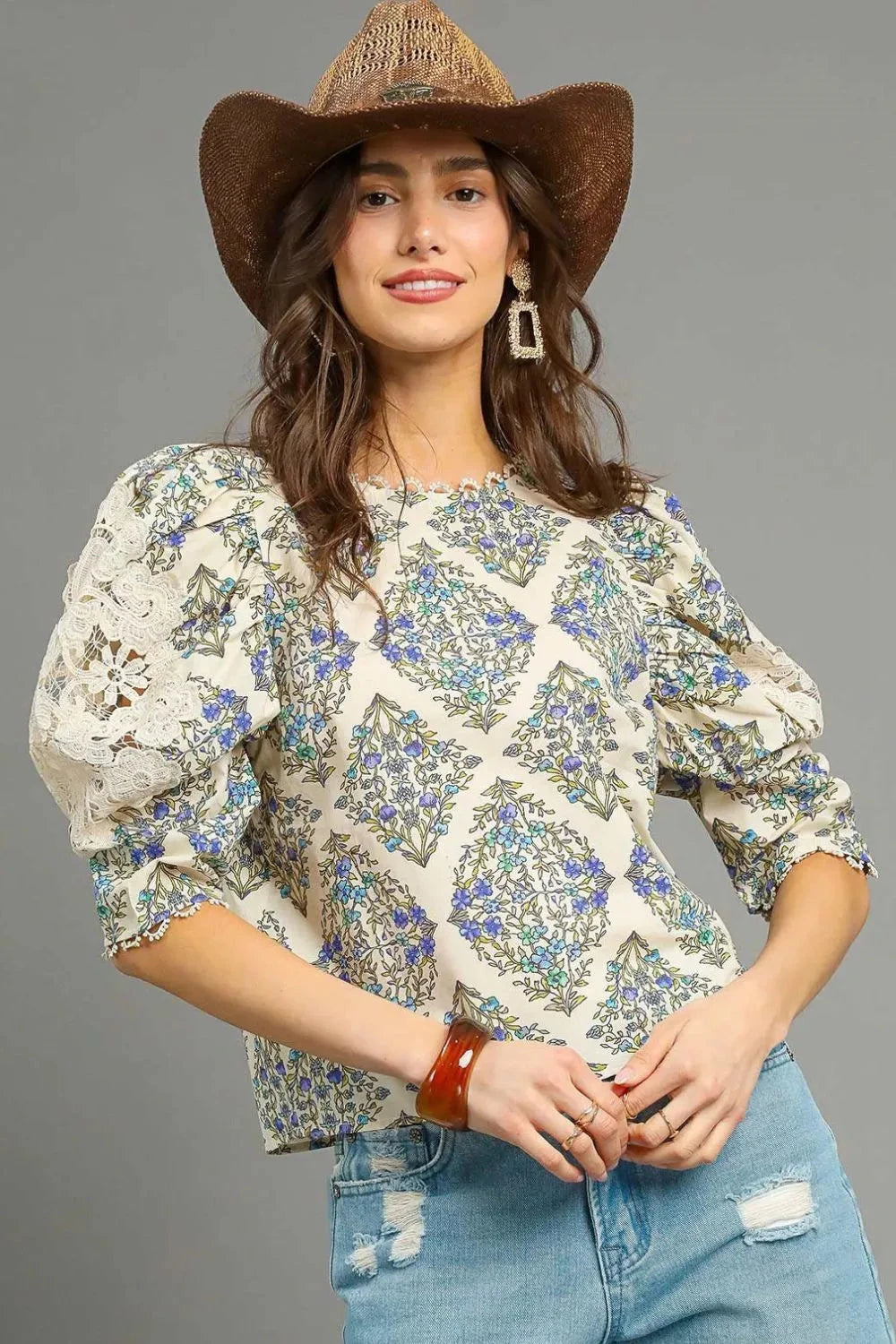Umgee Printed Lace Puff Sleeve Blouse