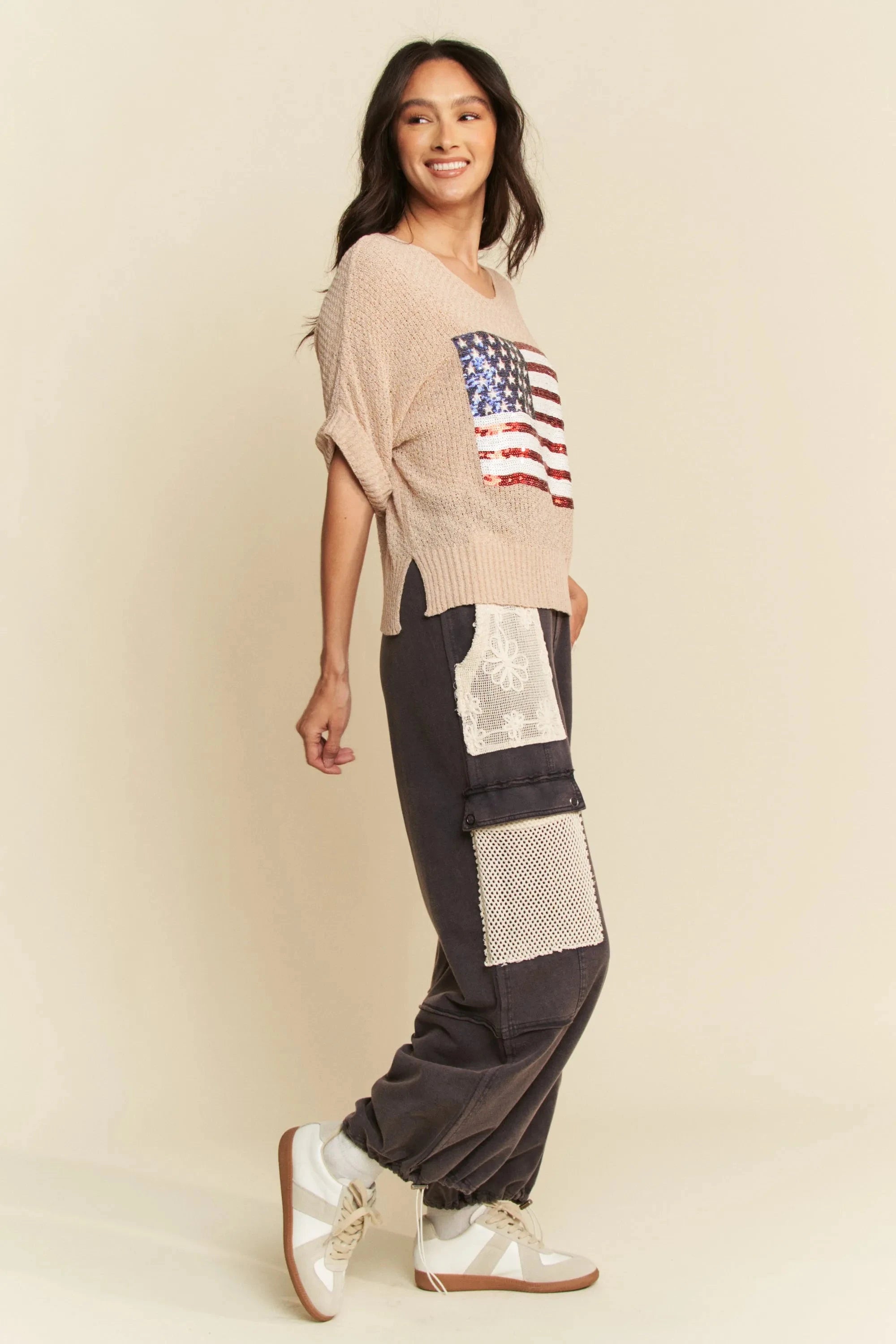 Davi & Dani Sequin American Flag Patch Short Sleeve Knit Top