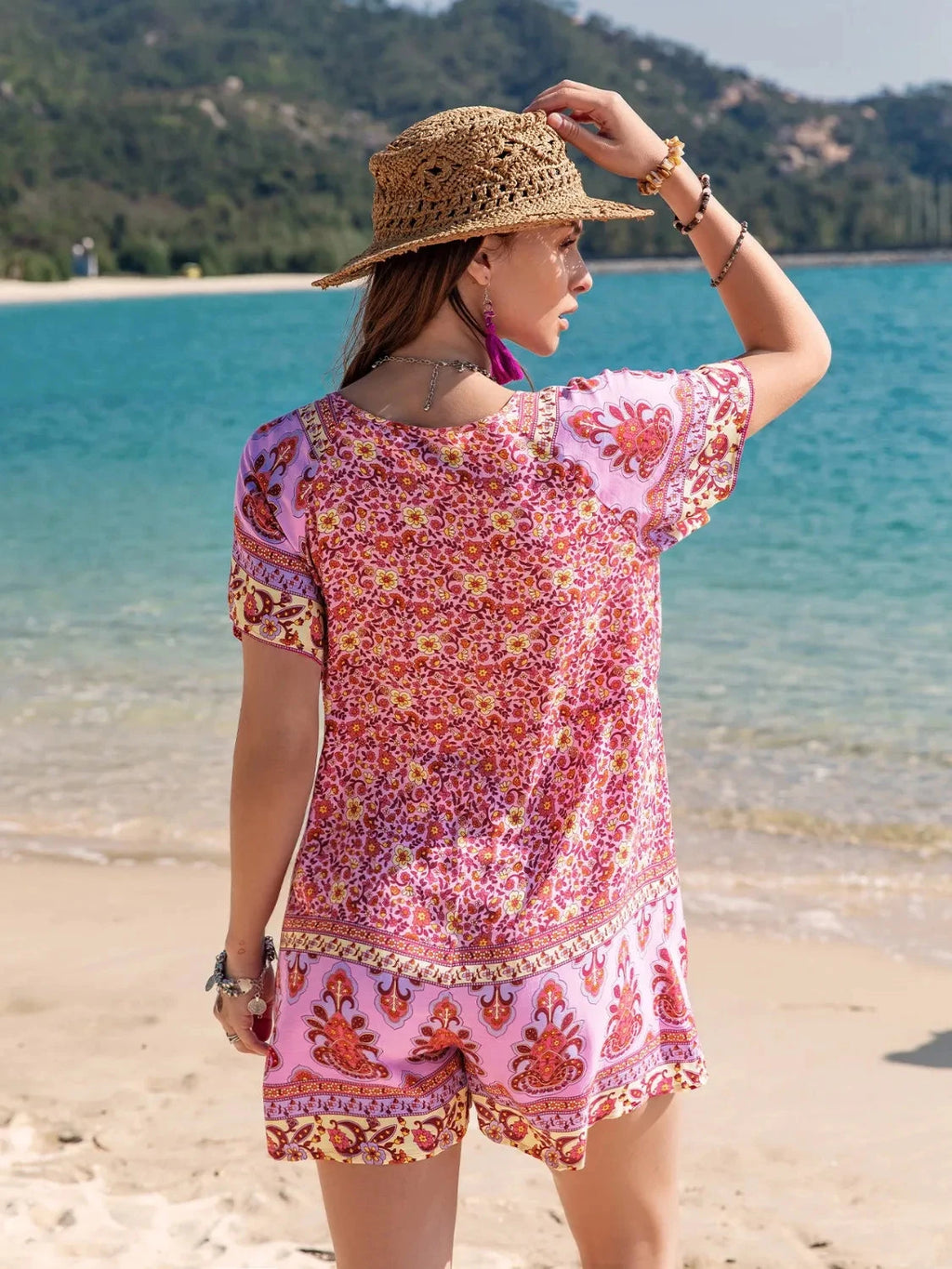 Printed V-Neck Short Sleeve Romper