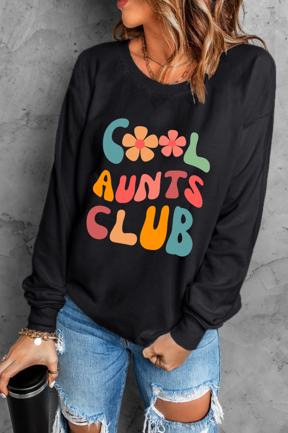Letter Graphic Round Neck Long Sleeve Sweatshirt - Laazaar