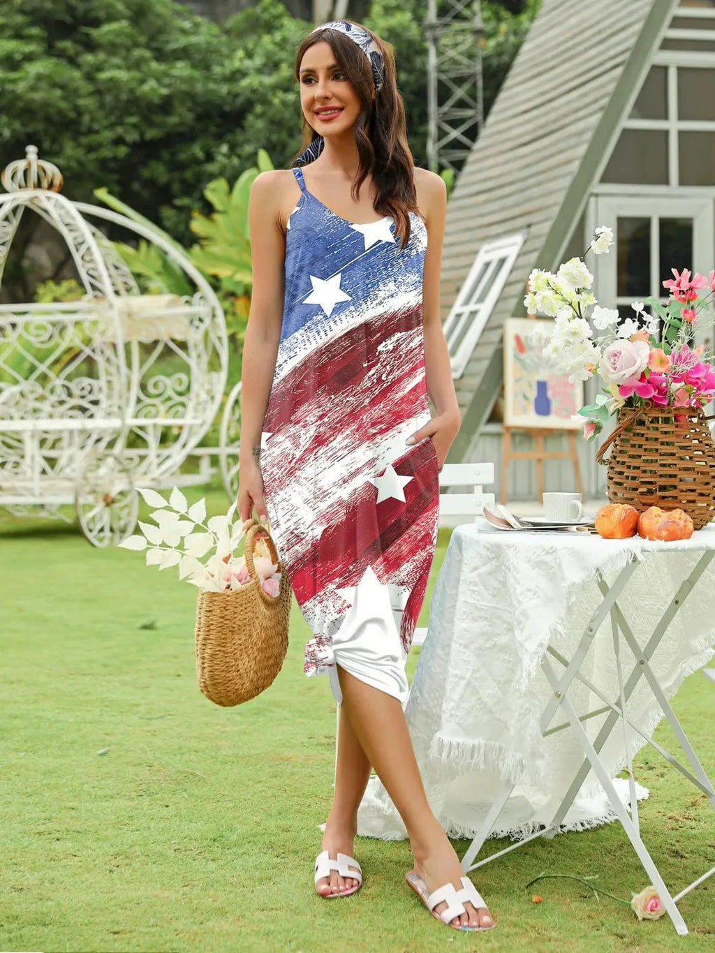 Striped & Star Scoop Neck Midi Cami Dress