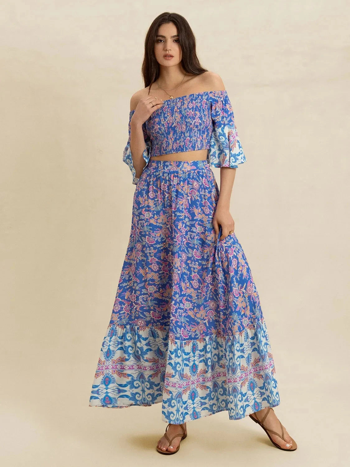 Smocked Off-Shoulder Printed Top and Skirt Set