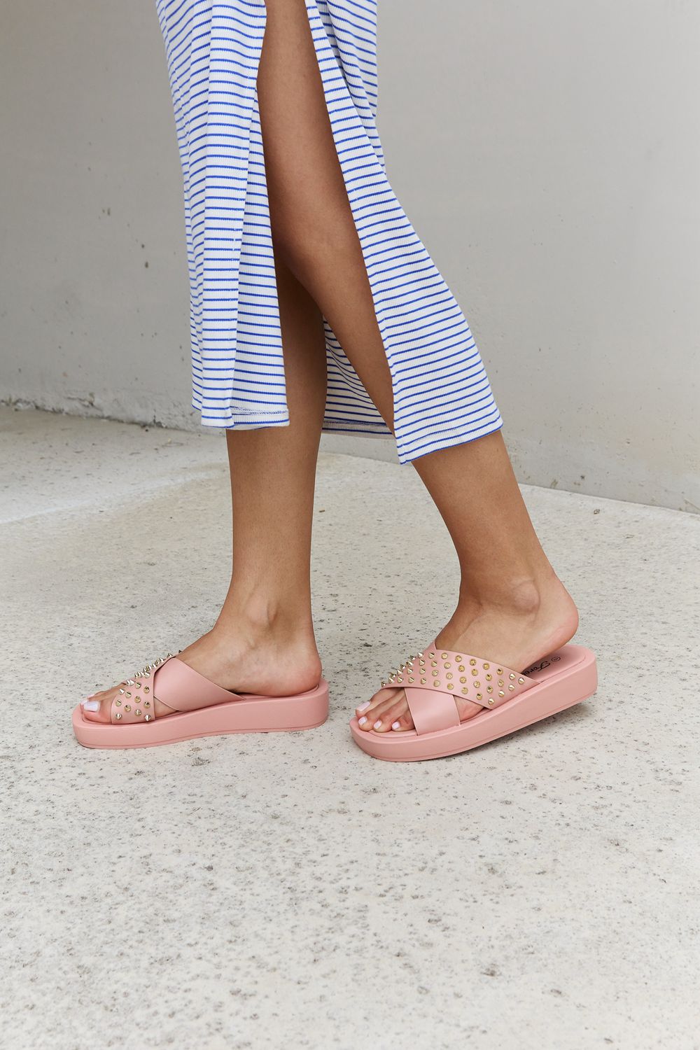 Forever Link Studded Cross Strap Sandals in Blush - Laazaar