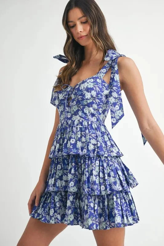 MABLE Floral Print Shoulder Tie Layered Mini Dress
