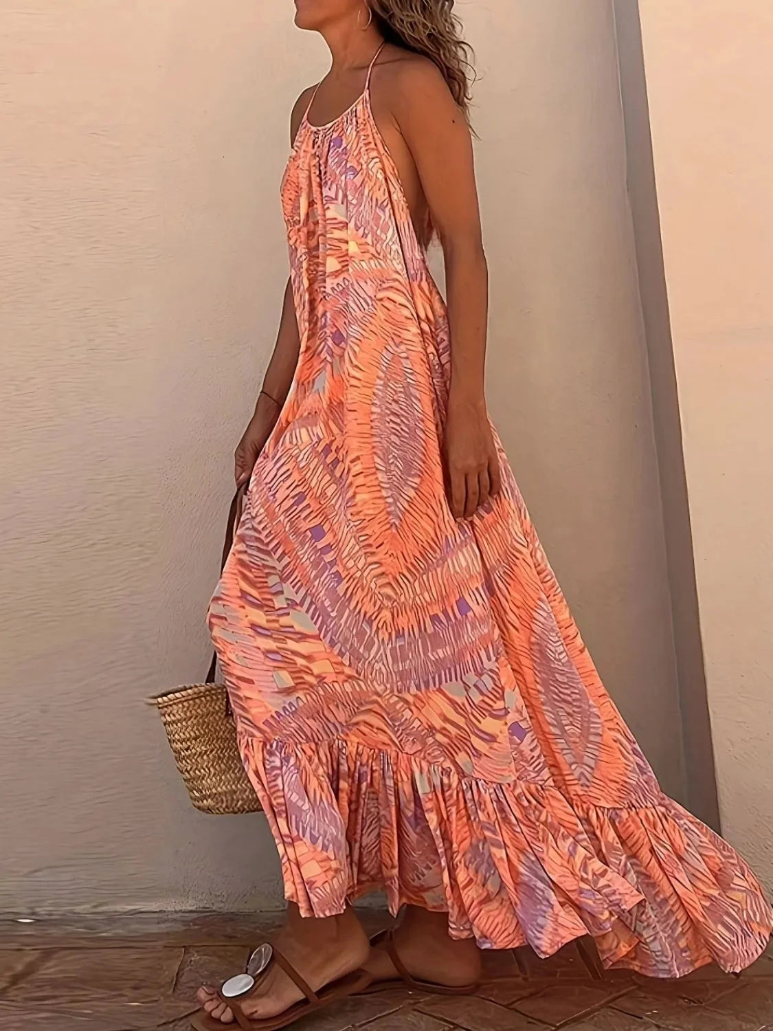Backless Printed Halter Neck Maxi Cami Dress