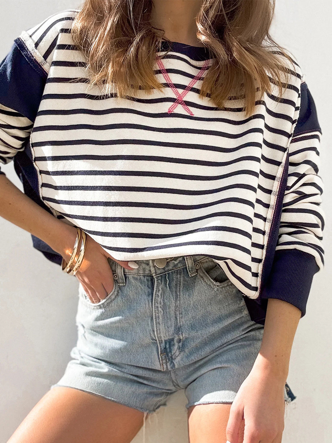 Slit Exposed Seam Striped Long Sleeve Sweatshirt - Laazaar