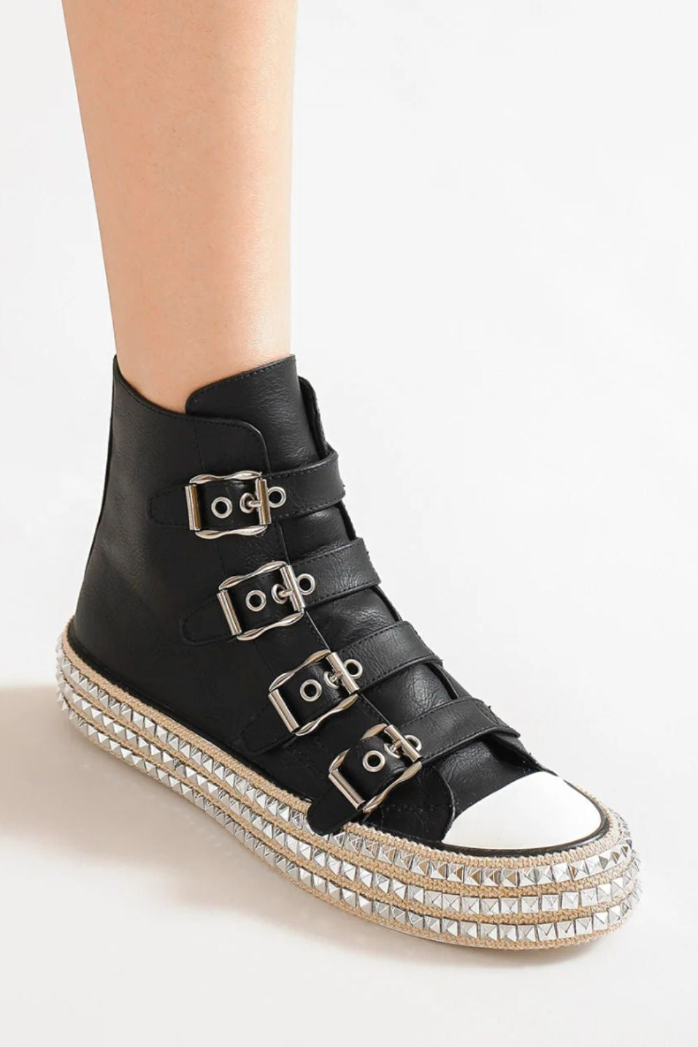 Beast Fashion Multi-Buckle Straps Studded Platform Sneakers - Laazaar