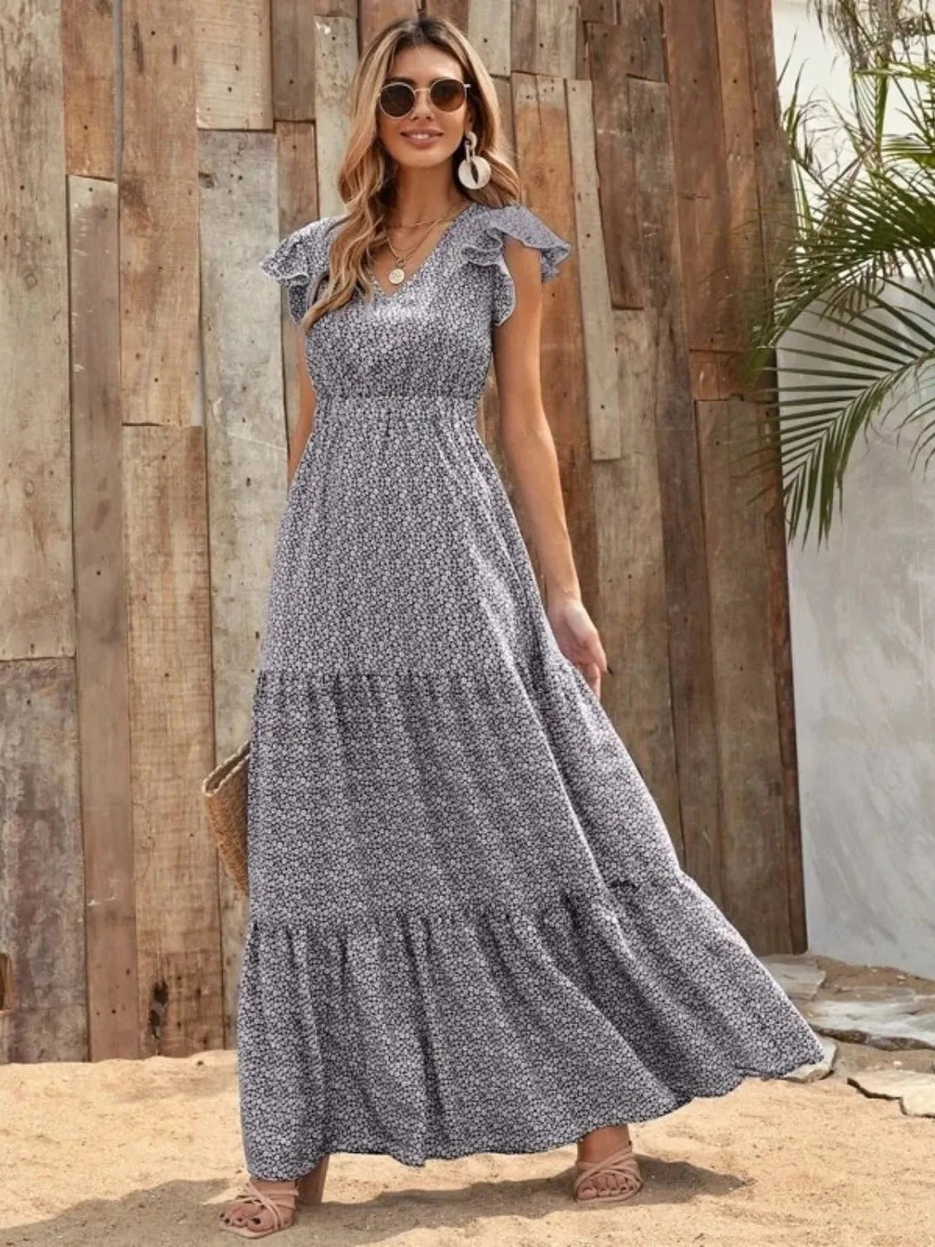 Printed V-Neck Ruffled Cap Sleeve Maxi Dress