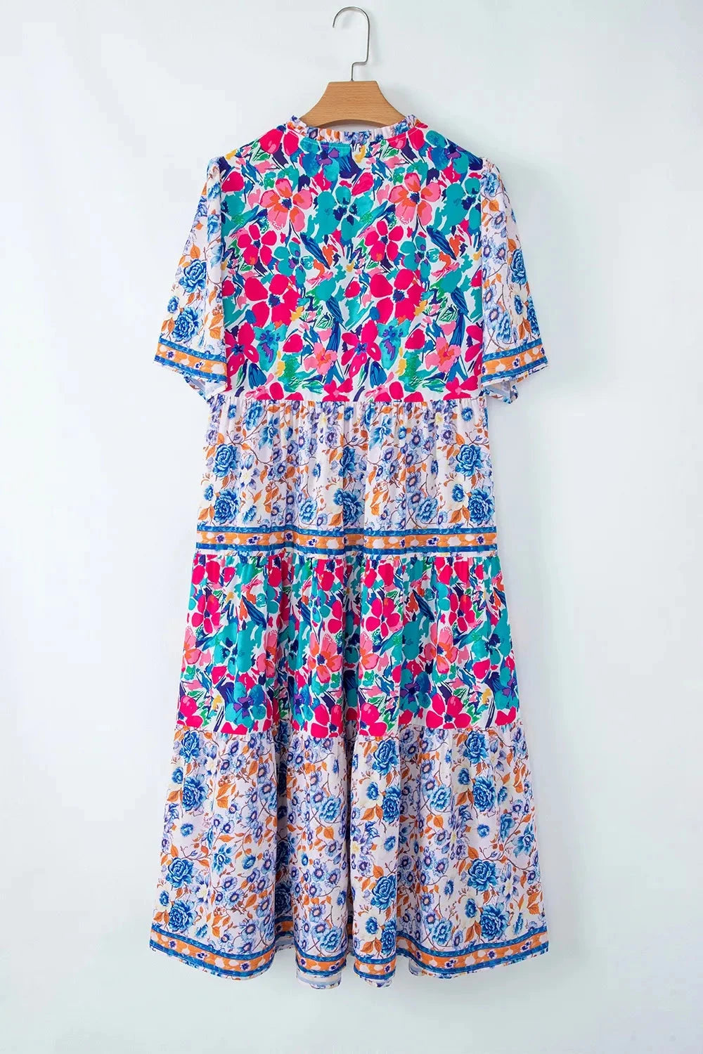 Mixed Floral Print Tie Neck Short Sleeve Dress