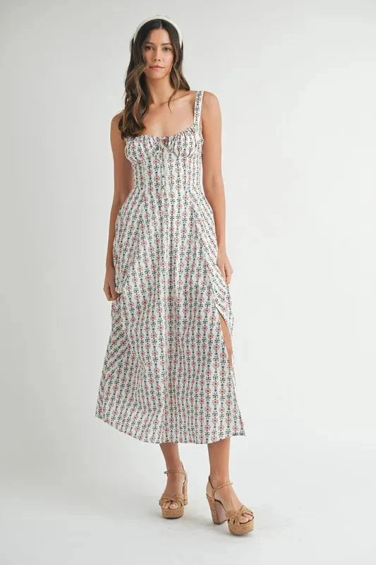 MABLE Floral Print Bustier Back Lace Up Midi Dress