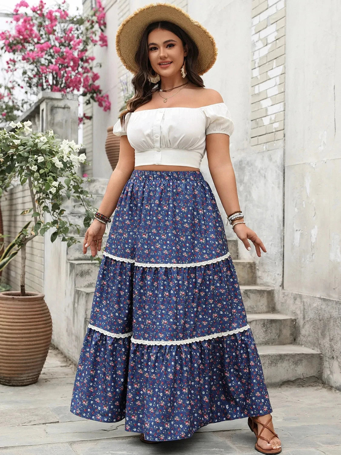 Plus Size Floral Elastic Waist Maxi Skirt