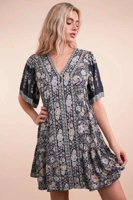 VERY J Shirring Detail Printed Woven Mini Dress