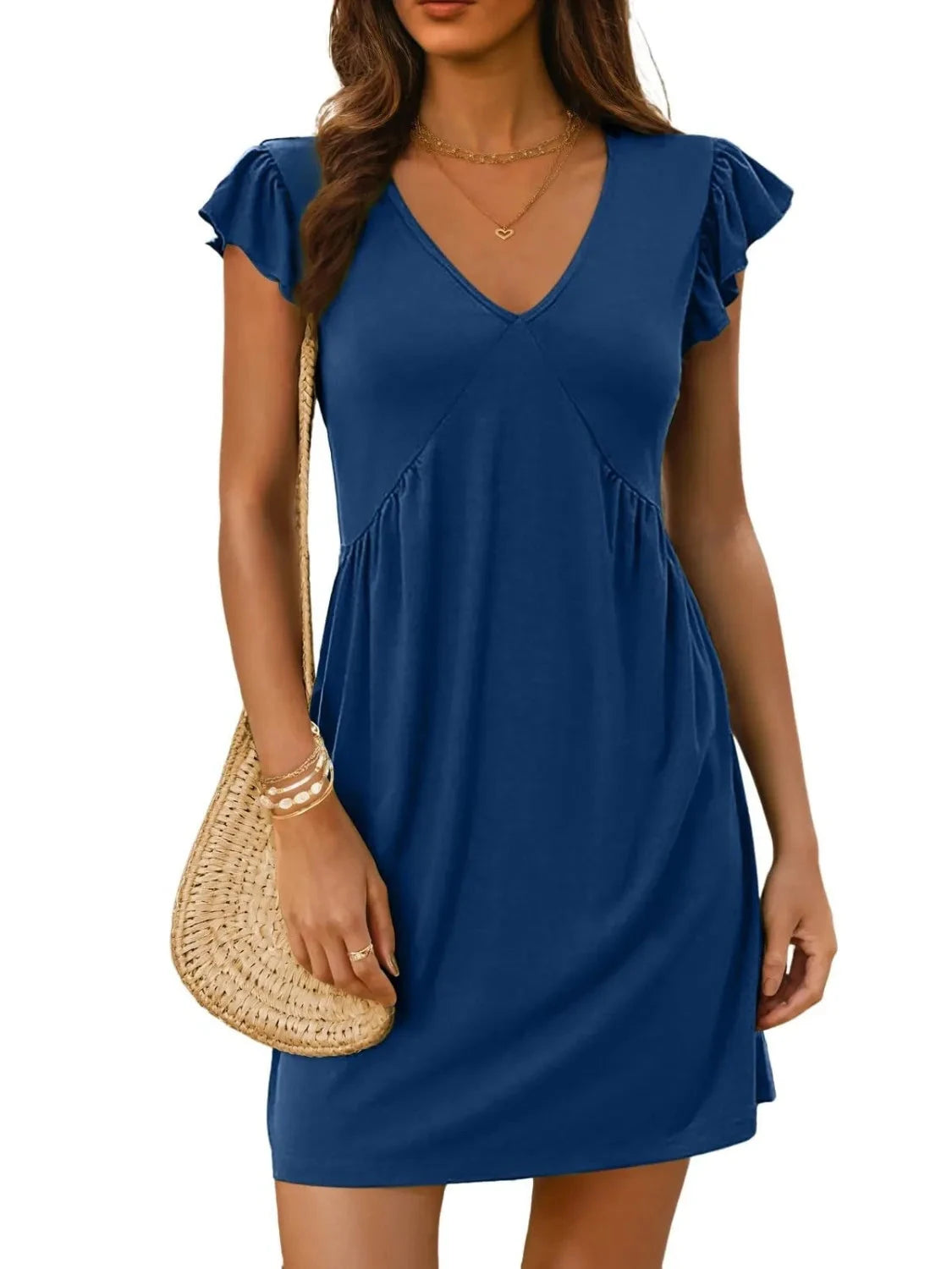 V-Neck Ruffled Cap Sleeve Mini Dress