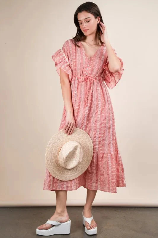 VERY J Embroidered Boho Ruffled Midi Dress