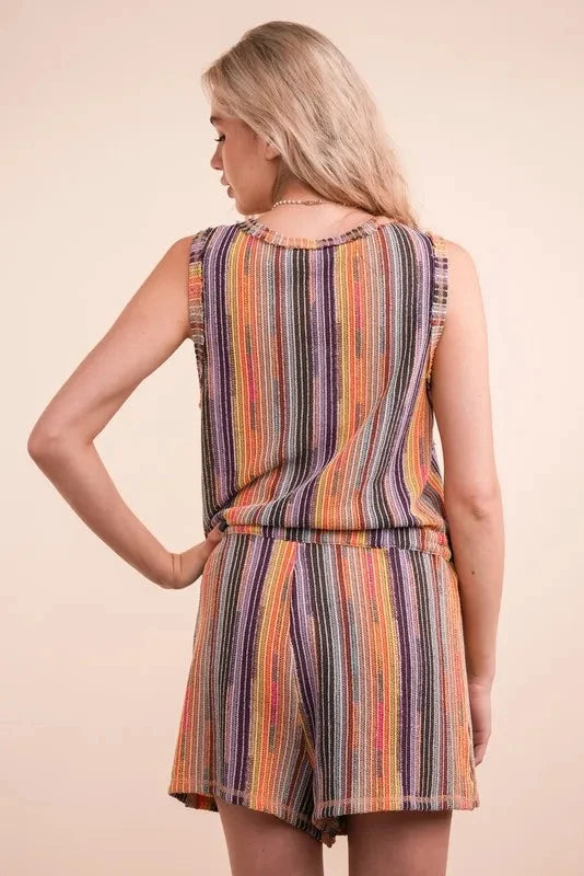 VERY J Crochet Multi Color Striped Casual Summer Romper