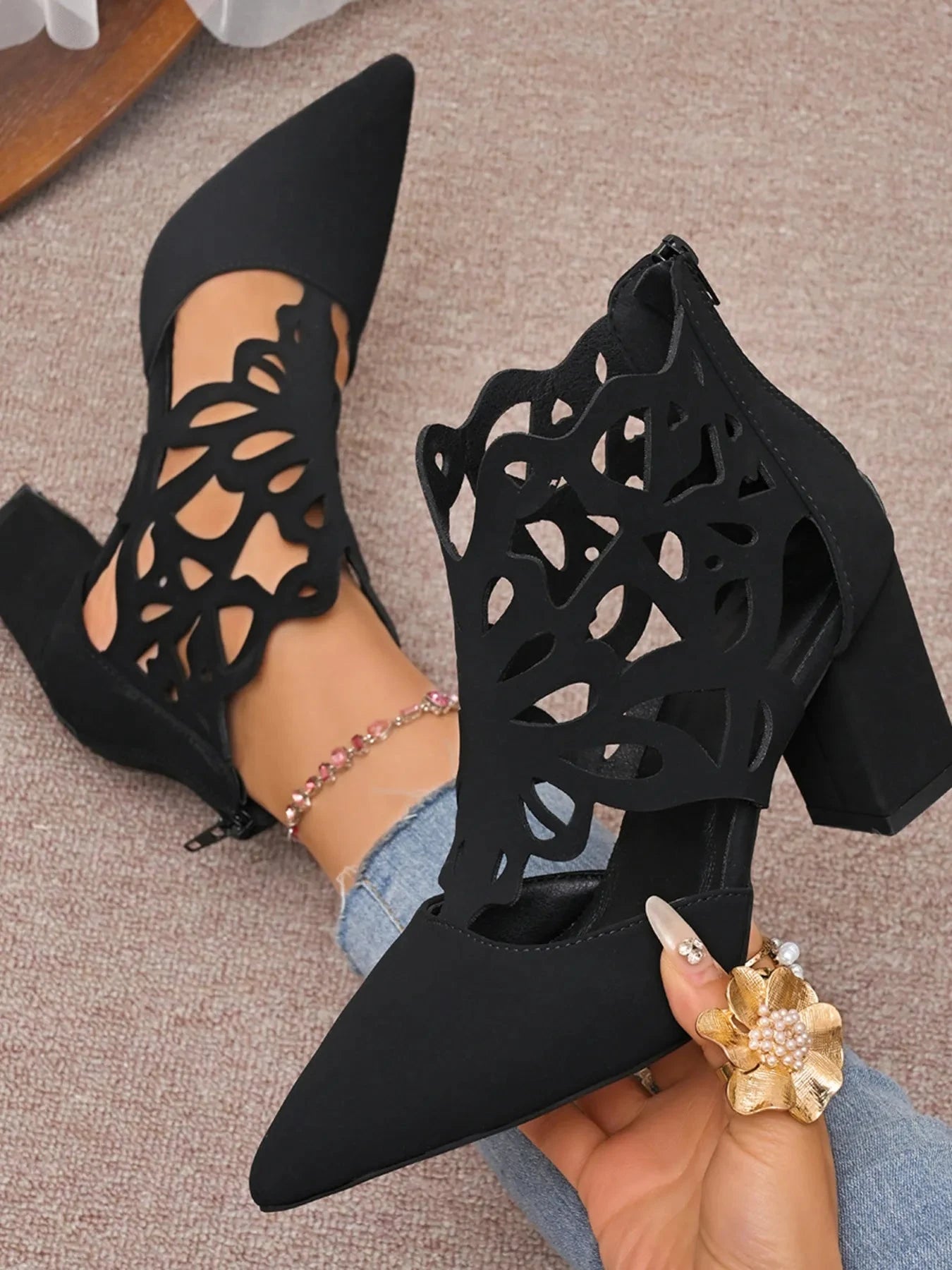 Pointed Toe Cut-Out Block Heel Pumps