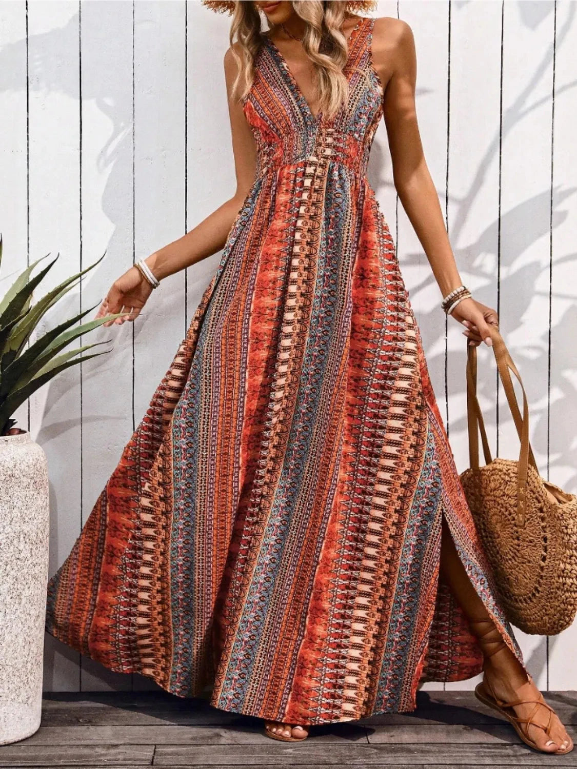 Tied Back Printed Sleeveless Maxi Slit Dress