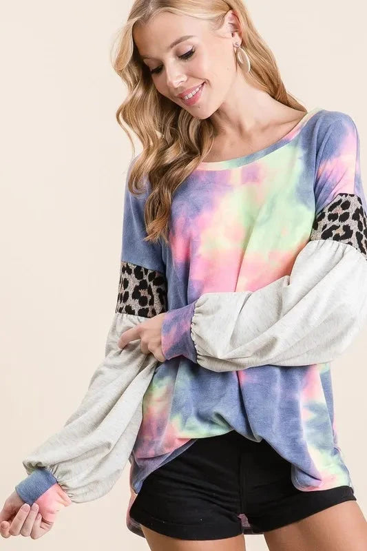 BiBi Tie Dye Terry Top with Contrast Puff Sleeves