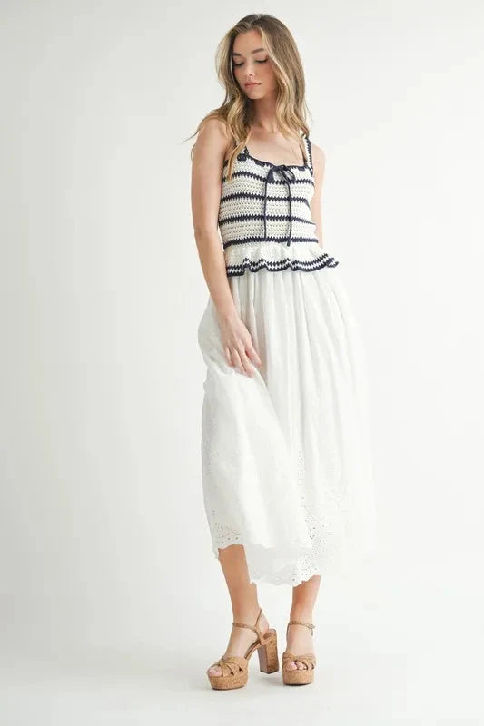 MABLE Crochet Stripe Knit Eyelet Mix Midi Dress