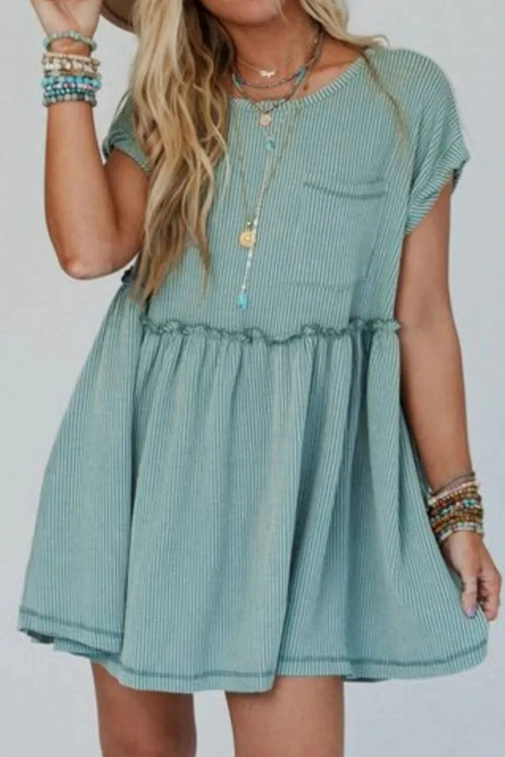 Frill Round Neck Cap Sleeve Mini Dress