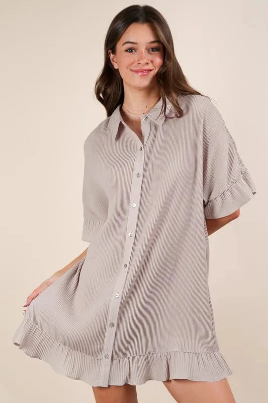 VERY J Pleated Detail Button Down Mini Dress