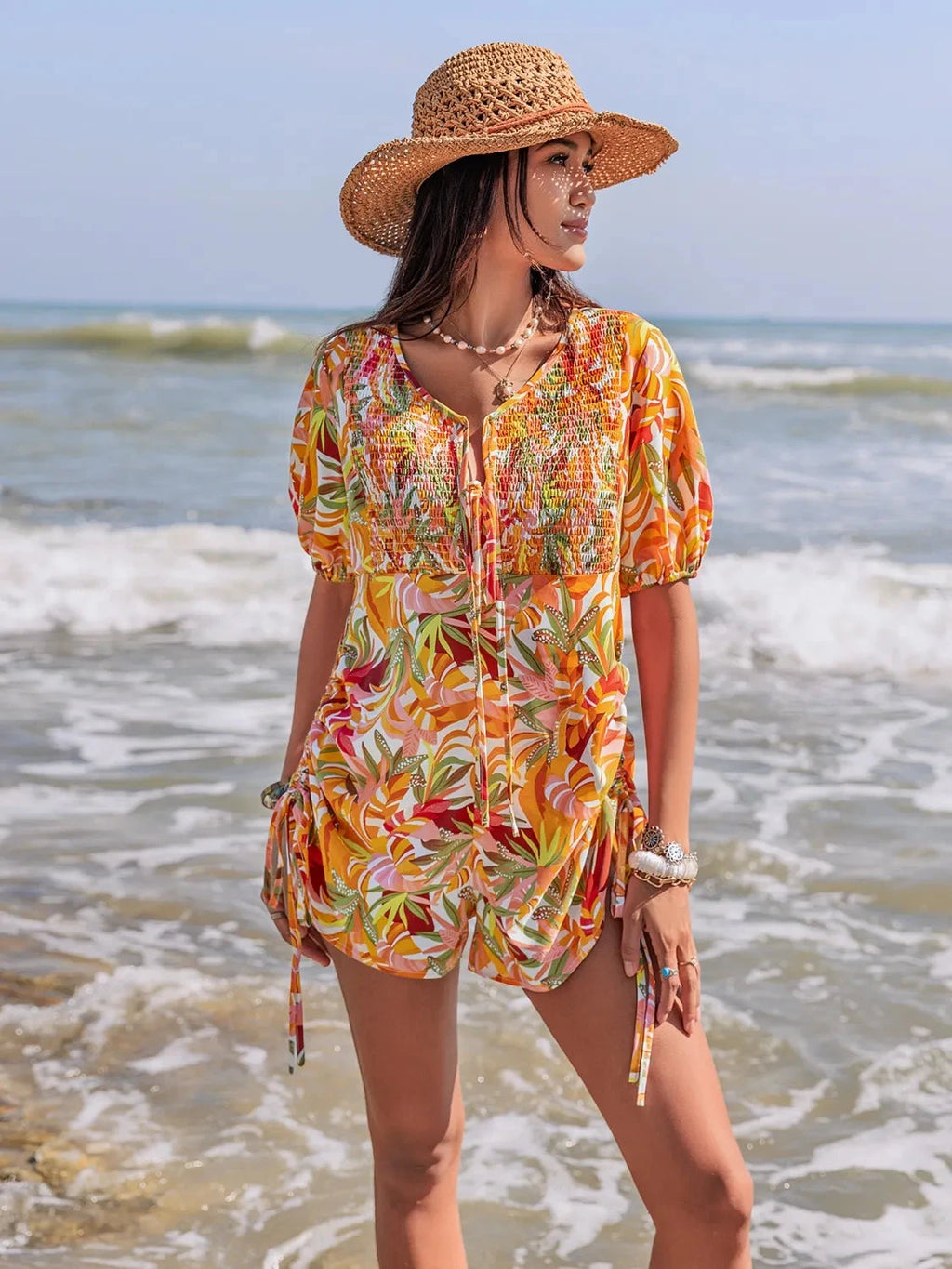 Smocked Printed Tie Neck Romper