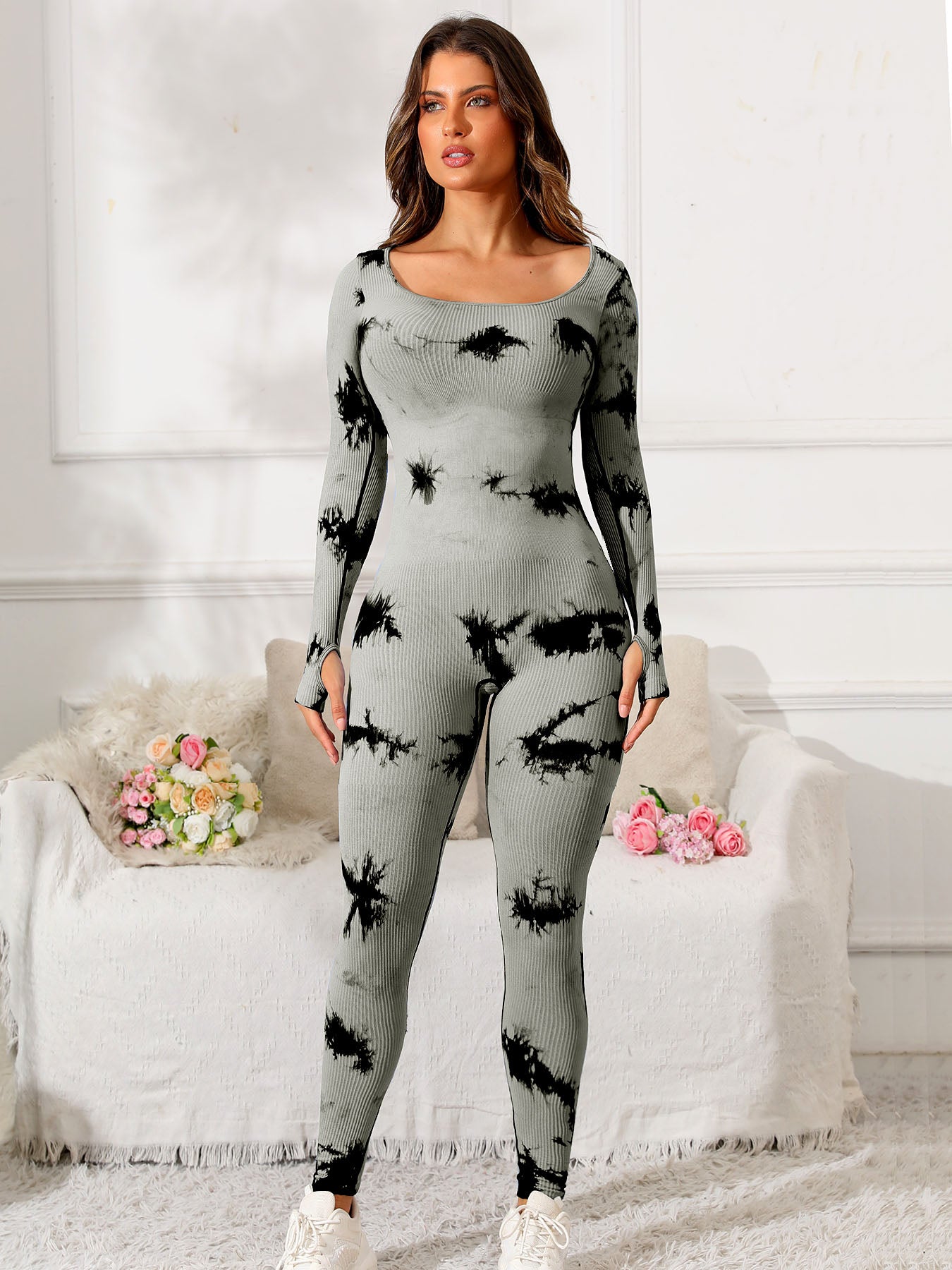 Scoop Neck Long Sleeve Active Jumpsuit - Laazaar