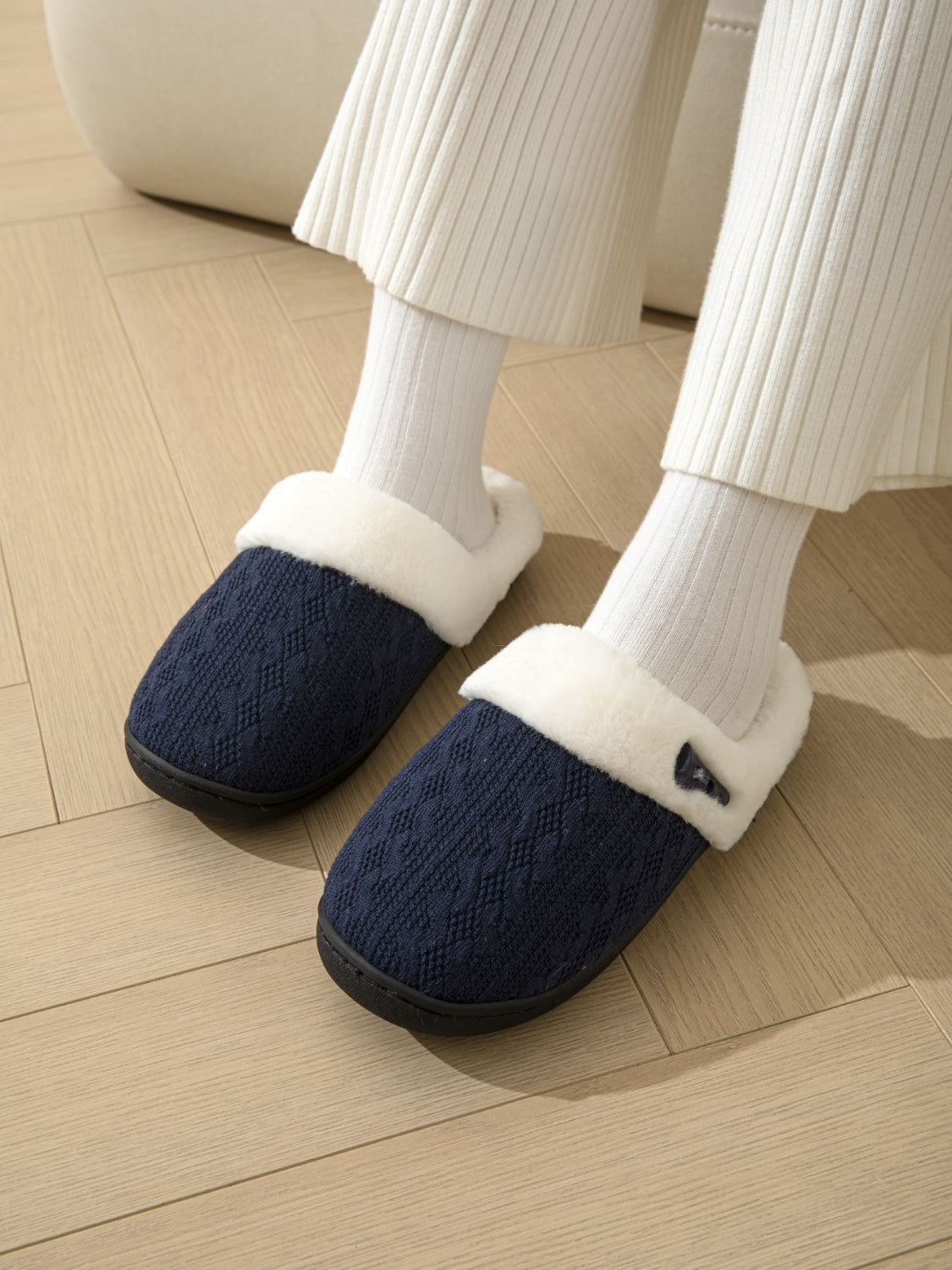 Horn Buckle Furry Texture Flat Slippers - Laazaar