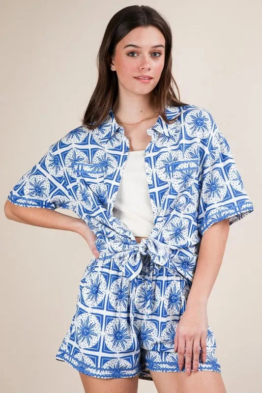 VERY J Full Size Tropical Printed Shirt Top and Shorts Set Plus Size