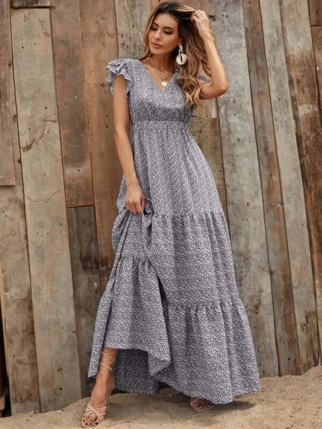 Printed V-Neck Ruffled Cap Sleeve Maxi Dress