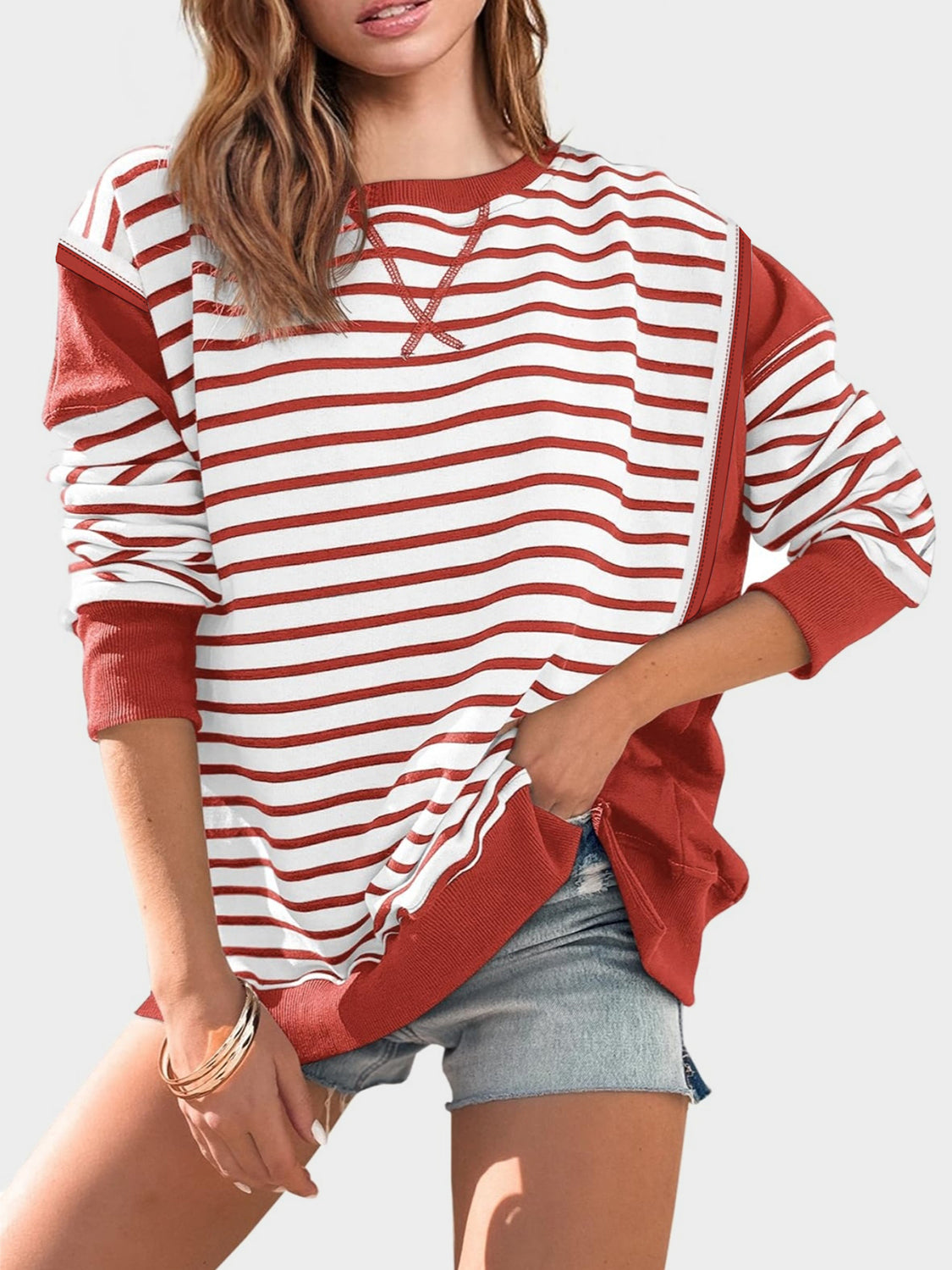 Slit Exposed Seam Striped Long Sleeve Sweatshirt - Laazaar