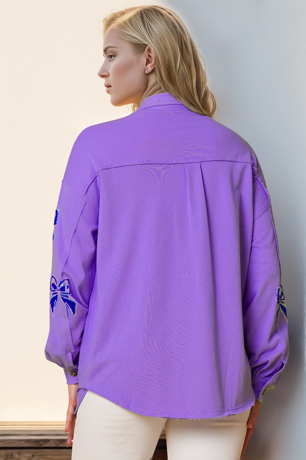 Double Take Full Size Sequin Bow Button Up Shacket - Laazaar