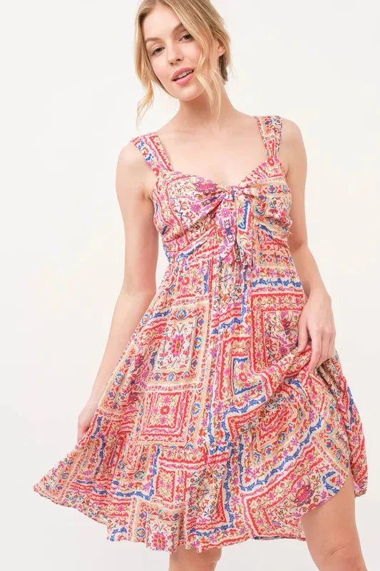 And The Why Tied Front Smocked Back Tiered Boho Printed Dress