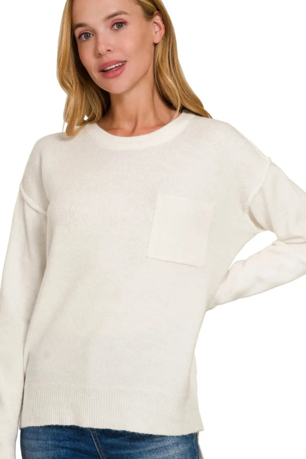 Zenana Melange Hi-low Hem Round Neck Sweater