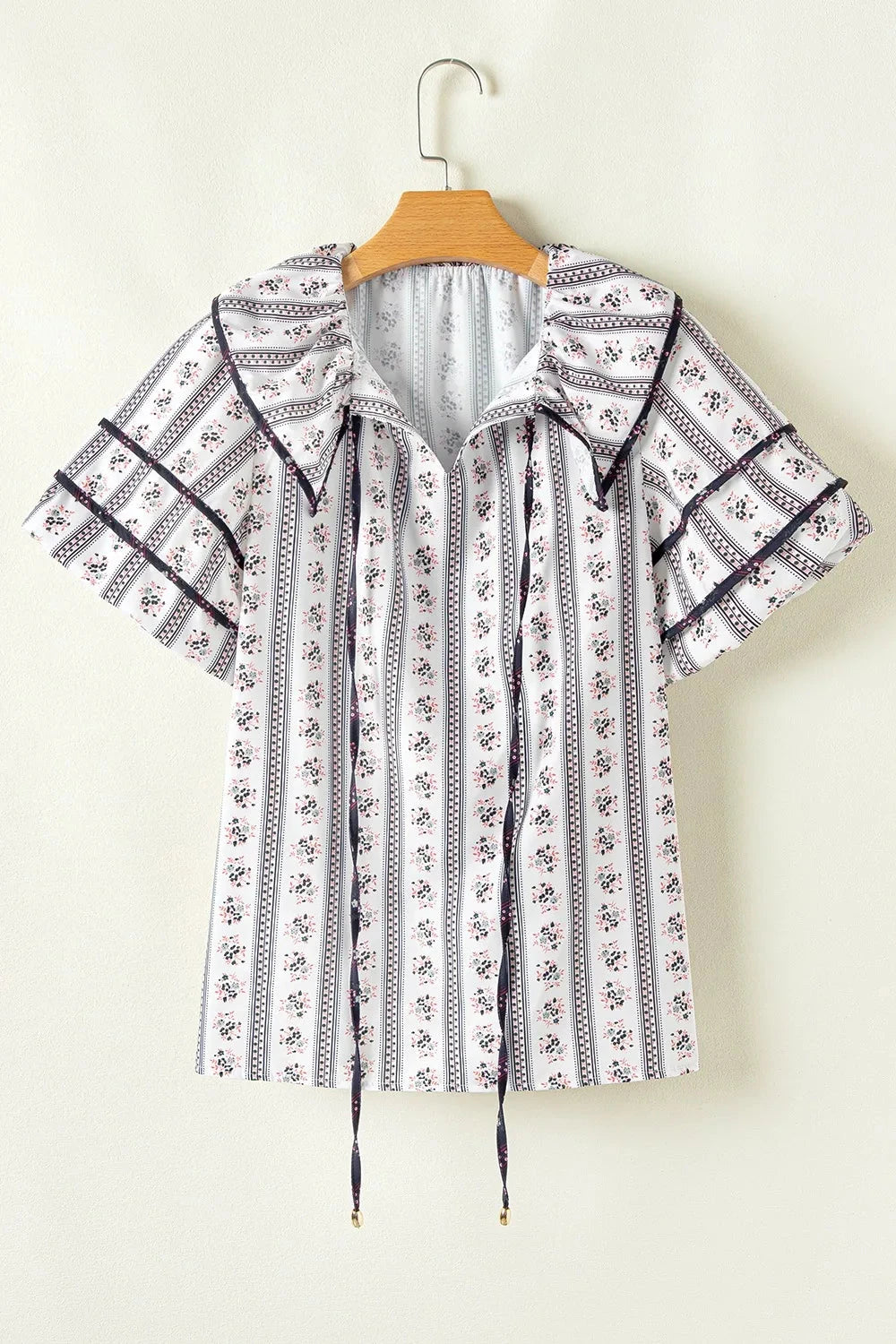 Floral Ruffled Collar Short Puff Sleeve Printed Blouse